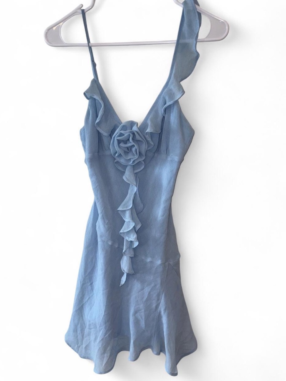 Revolve nia Blue Ruffle Slip Mini Dress with Floral Front